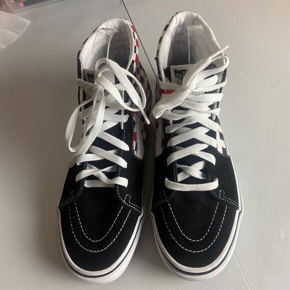 Vans Boys Size 6 High Top Skater Shoes Red Black Checkered Suede Sneakers Lace - Picture 6 of 9